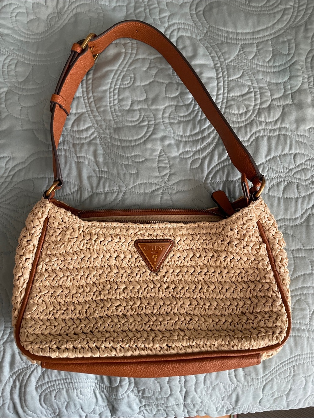 GUESS Beige Woven Shoulder Bag with Brown Leather Trim